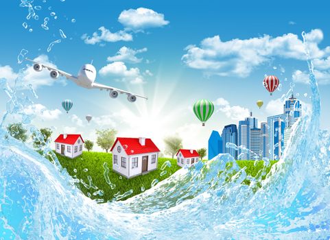 Airplane, green grass, buildings and water. Travel concept