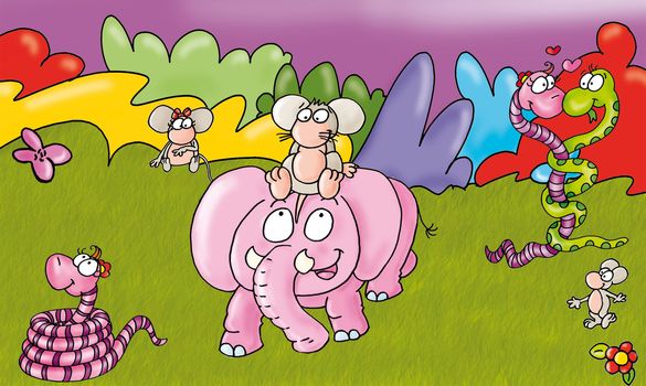 ppy riding an elephant celebrate the park with animals.
mother, child, drawings, illustrations, stories, books, animals, family, home, park, grass, flowers.
animals, babies, drawings, illustration, children, elephant, pink