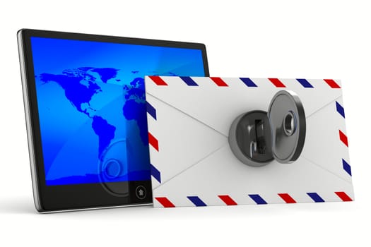 tablet and envelope on white background. Isolated 3D image
