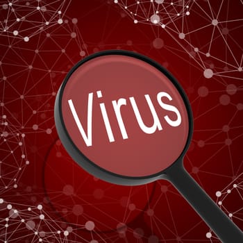 Magnifying glass looking Virus. Network on background. Business concept
