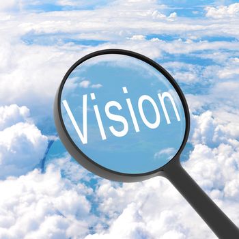 Magnifying glass looking vision. Clouds on background. Business concept