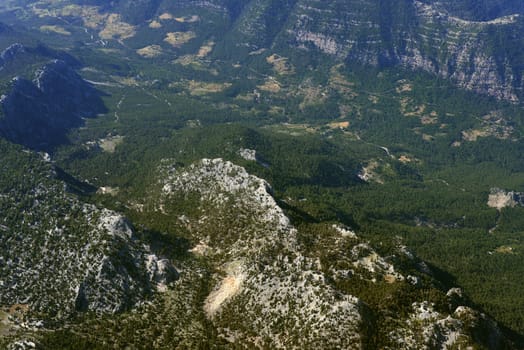 Mountains covered with trees. Top view. Natural landscape