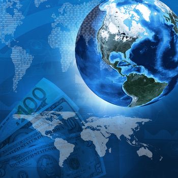 Earth, world map consisting digits on money background. Business concept. Elements of this image are furnished by NASA