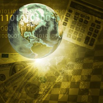 Earth, digits and keyboard on money background. Business concept. Elements of this image are furnished by NASA