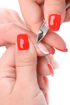 beauty salon, manicure applying, cutting the cuticle with scissors