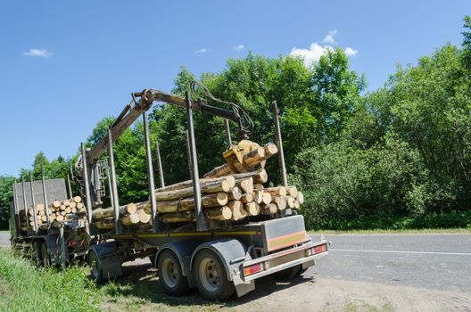 heavy forest machinery trailer with cut log pile stand along gravel road