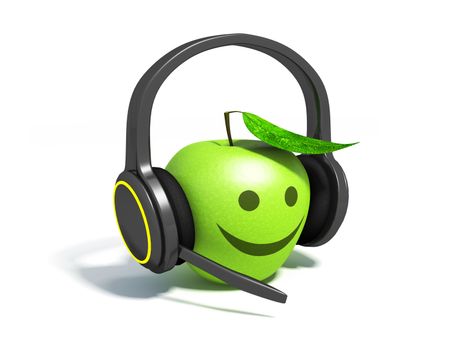Realistic headphones and green apple. Illustration on white background for design
