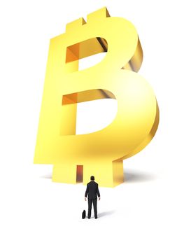 Growing up sign Bitcoin electronic money with a surprised businessman