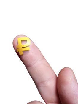 Micro sign ruble on the finger and a white isolated background