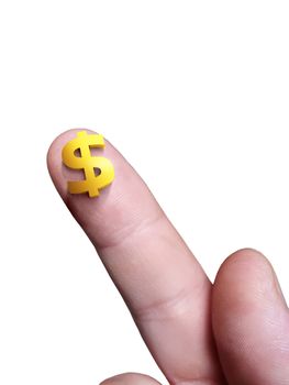 Micro dollar sign on her finger and a white isolated background