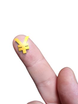 Micro yen sign on her finger and a white isolated background