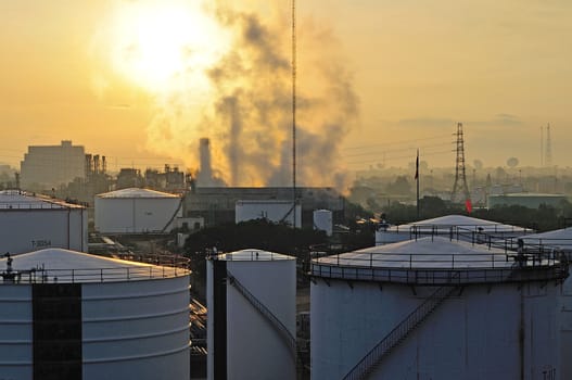 Oil Refinery factory at sunset