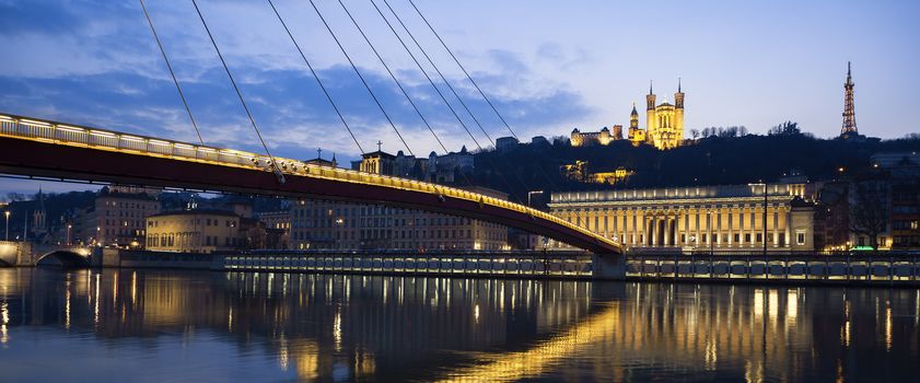 Panoramic view of Saone river at Lyon by night, France 