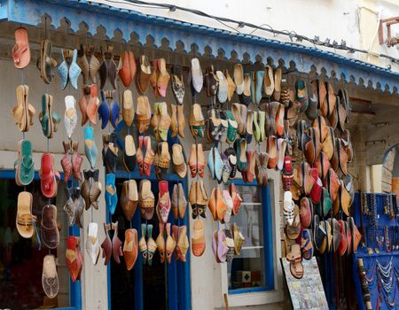 Morocco shop front selling colorful leather footwear
