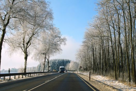 Hunsrückhöhenstraße near Wederath in winter, frozen trees on both sides