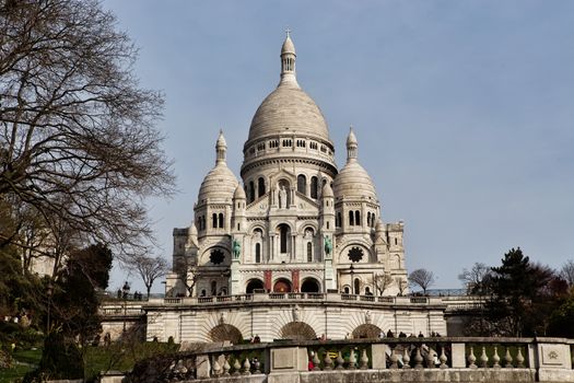 Basilica Sacre Coeur in Paris is a popular landmark, the basilica is located at the summit of the butte Montmartre, the highest point in the city.