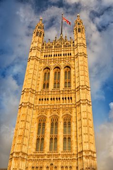 The Victoria Tower is the square tower at the south-west end of the Palace of Westminster. It houses the Parliamentary Archives.