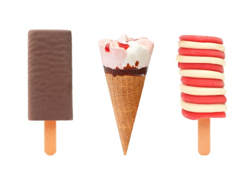Three different flavored ice lollies and ice cream cone over a white background