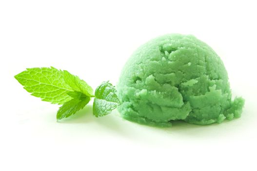 Mint ice cream scoop with green leaf