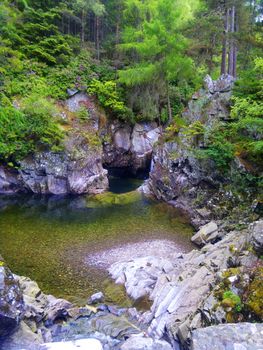 River deep in mountain forest. Nature composition.