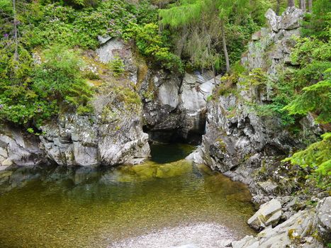 River deep in mountain forest. Nature composition.