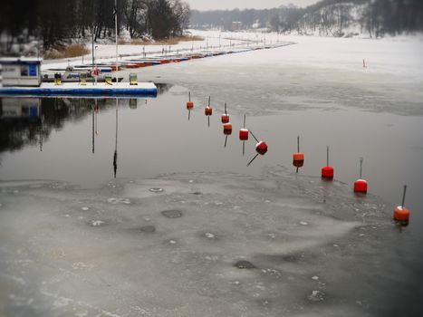 Frozen river in the center of Stockholm