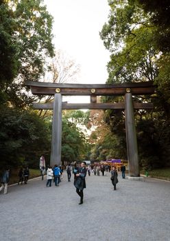 TOKYO, JAPAN - NOVEMBER 23, 2013 : Tourist visit The Torii Gate standing at the entrance to Meiji Jingu Shrine Yoyogi Park on 2013 November 23, Tokyo Japan.