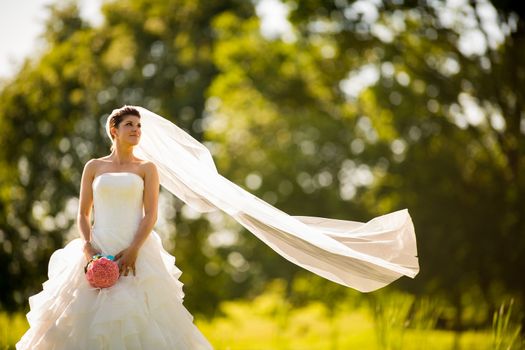 Gorgeous bride on her wedding day (color toned image; shallow DOF)