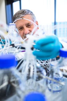 Senior male researcher carrying out scientific research in a lab (shallow DOF; color toned image)