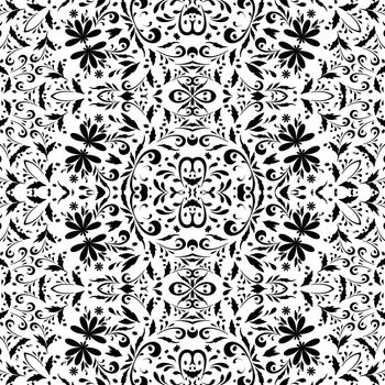 Seamless floral pattern, black contours isolated on white background.