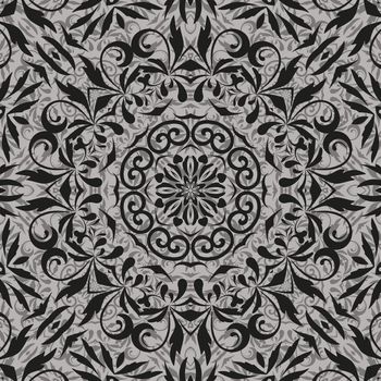 Seamless abstract floral pattern, black contours on grey background. Vecto