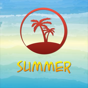 label with text summer and drawn silhouette palms in brown circle over blue sky gradient