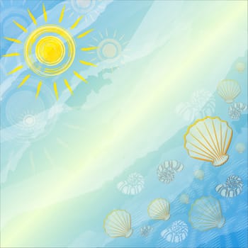 abstract summer blue background with drawn yellow suns, shells and scallops