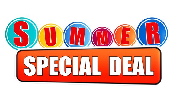 summer special deal - 3d orange banner with white text and color circles, business concept