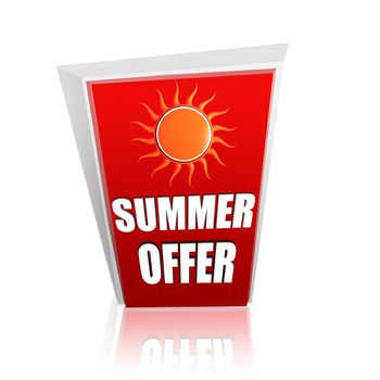 summer offer - 3d red banner with white text and yellow sun, business concept