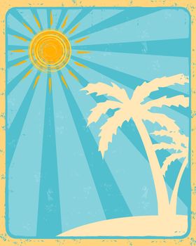 vintage summer label with drawn orange sun and beige palms silhouette over blue rays old paper background