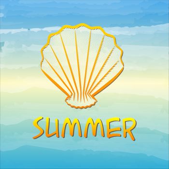 label with text summer and drawn shell over blue sea gradient