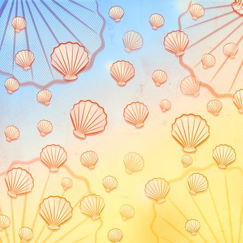 summer sea background and drawn orange shells over blue yellow gradient