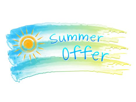 summer offer and sun - illustration of isolated hand drawn flag with text, business concept