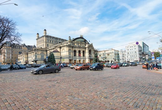 KIEV, UKRAINE - SEP 18, 2013: Cross road near National opera and ballet theatre in Kyiv. The building designed by Victor Schroter and opened on September 29, 1901 