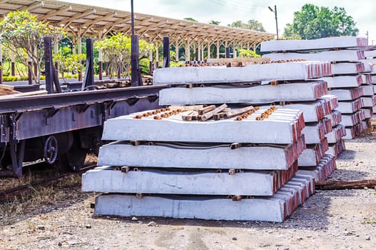 Stack of concrete sleeper made of steel reinforced concrete.