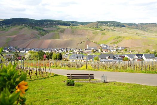 Kindel and Kinheim on the Moselle with rest bench in the foreground, the vineyards are still brown