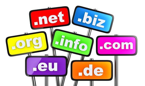 Set of signs with domains as buttons for searching in the Internet and social networks on a white background