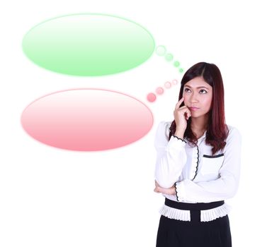 thinking business woman looking up on speech empty bubble isolated on white background