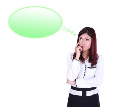 thinking business woman looking up on speech empty bubble isolated on white background