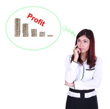 Business woman thinking about profit and coin graph isolated on white background