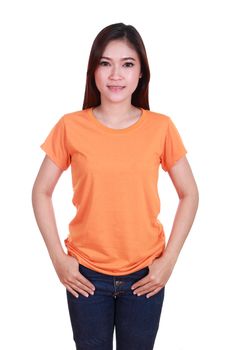 young beautiful female with blank orange t-shirt isolated on white background