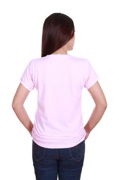 female with blank pink t-shirt (back side) isolated on white background
