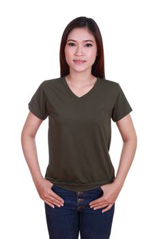 young beautiful female with blank green t-shirt isolated on white background