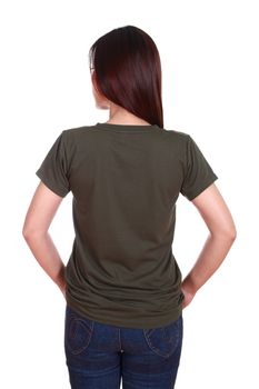 female with blank green t-shirt (back side) isolated on white background